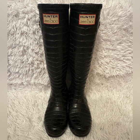 Hunter x Jimmy Choo Black Croc Wellington knee high Boots (Wellies) size 36 - Picture 1 of 7